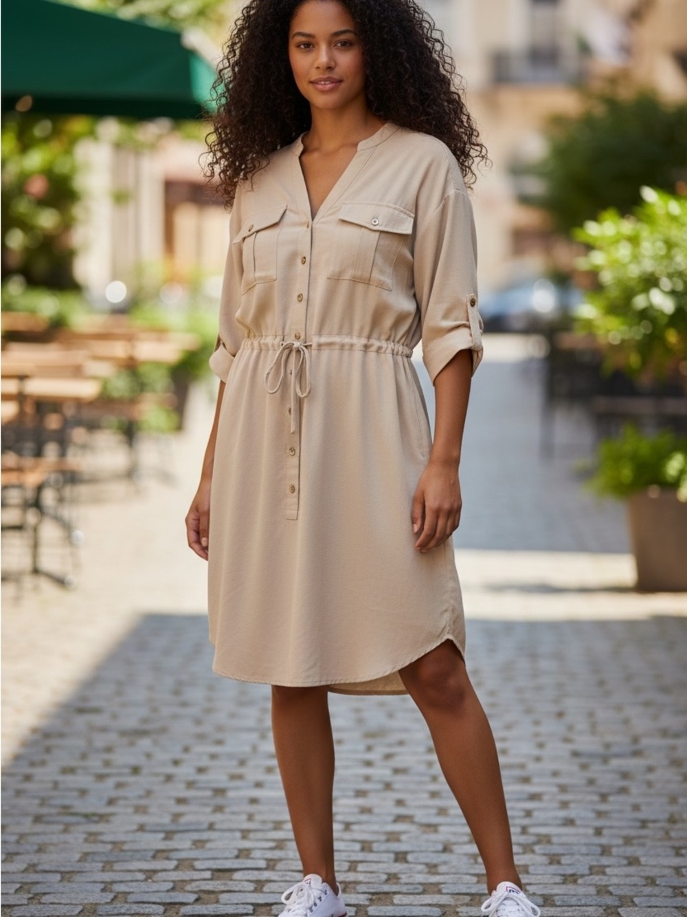 Lane Bryant Taupe Women's Cargo Shirt Dress Size 18 Button Front Long Sleeve